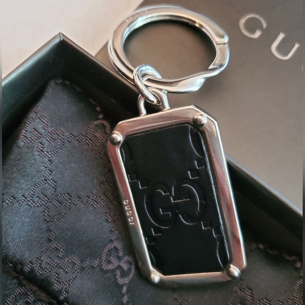 GUCCI Key Ring Shima Dark Brown Leather & Silver Metal Men's Keychain Bag Charm